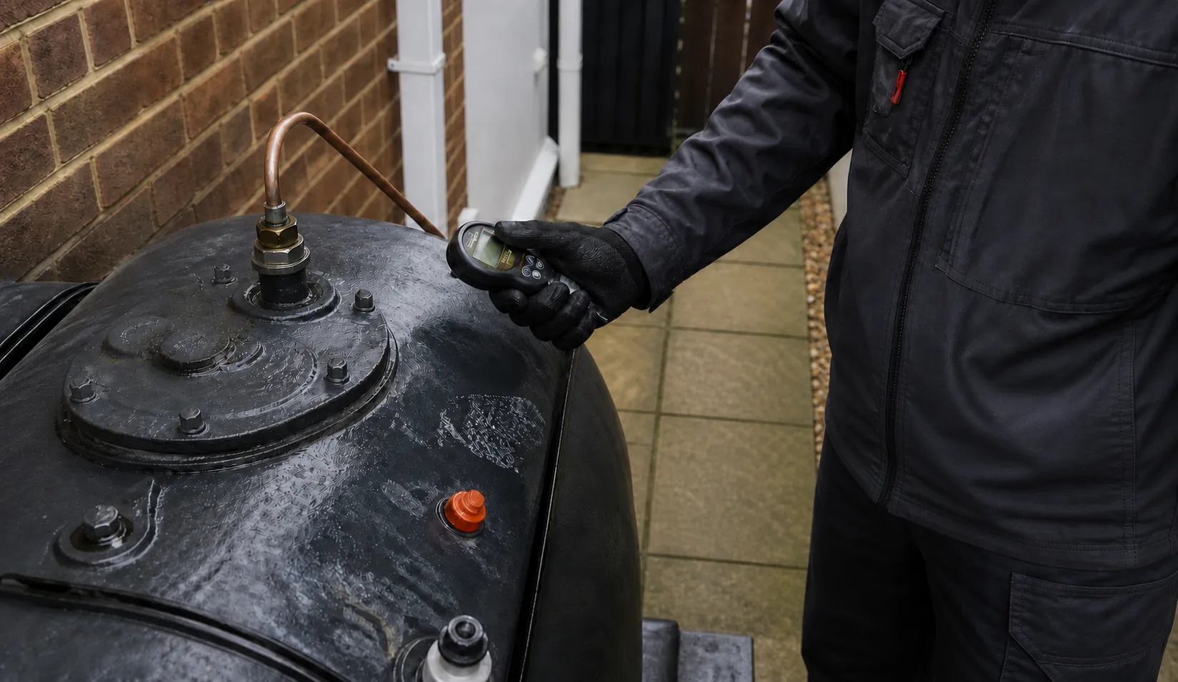 Technician checking a domestic steel heating oil tank with a handheld meter